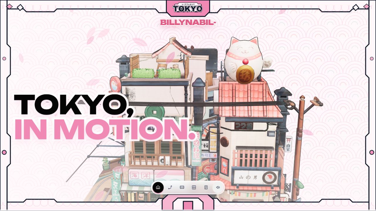 Littlest Tokyo Motion live demo showing a Tokyo diorama, pink patterned frame, and Tokyo in Motion heading